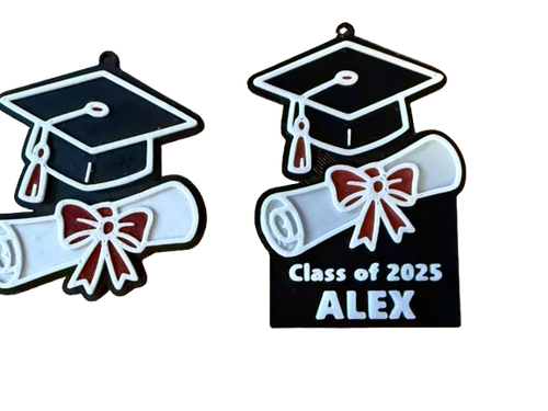 Graduation-themed decorative item with 'Class of 2025 ALEX' text on a white background
